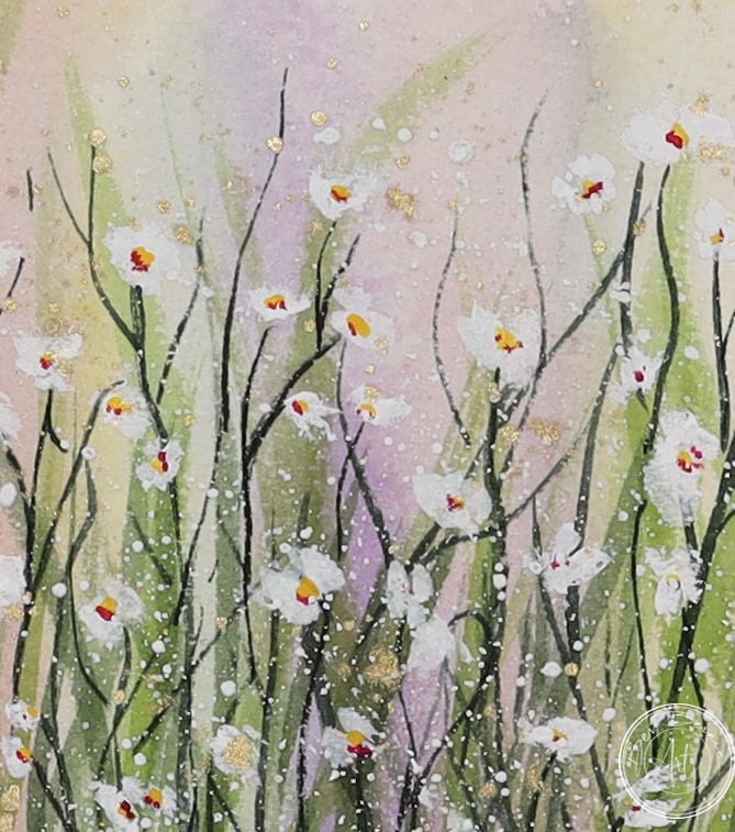 Painting of a field of white wildflowers with long stems, scattered amongst green grasses, with a soft, light background.