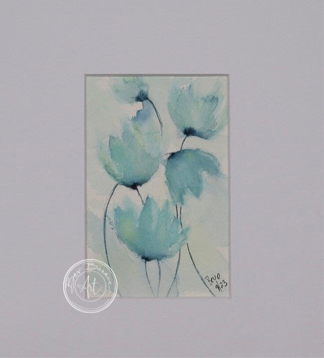 Watercolour painting of several stylised, blue-green flowers with thin stems against a light background