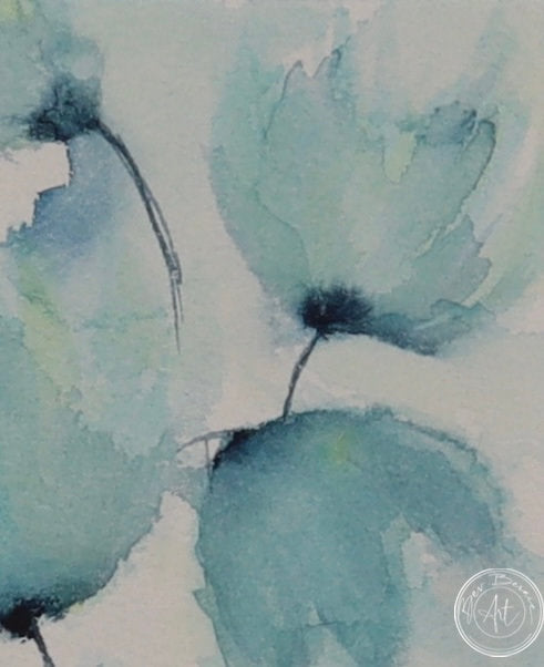 Watercolour painting of several stylised, blue-green flowers with thin stems against a light background