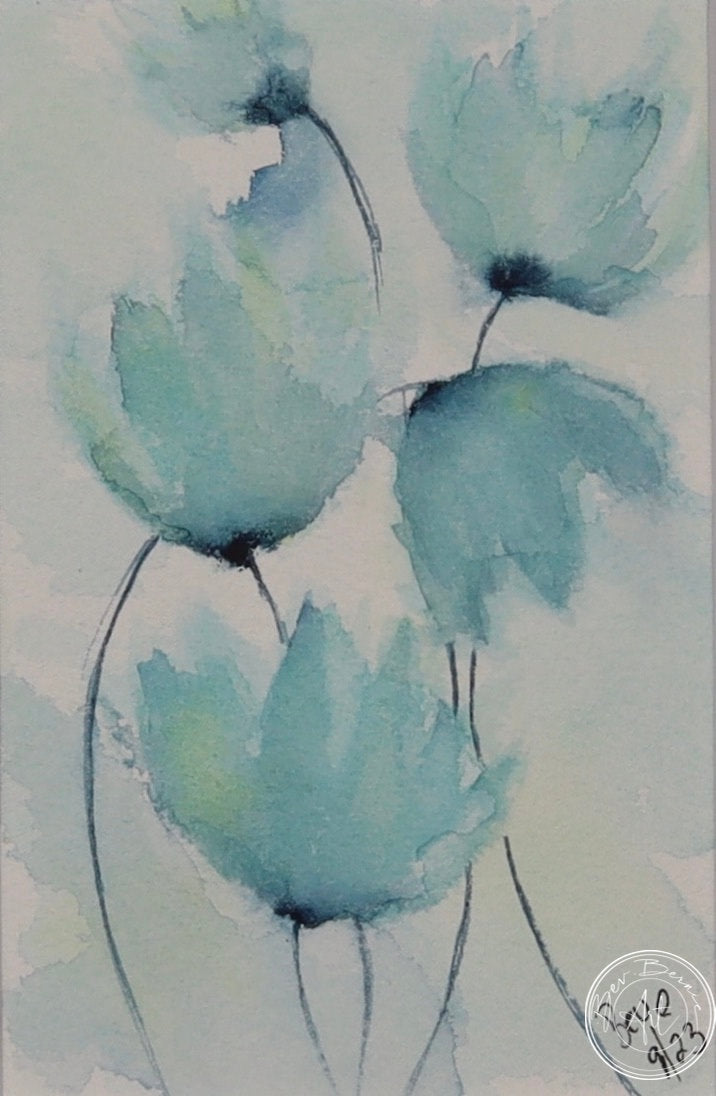 Watercolour painting of several stylised, blue-green flowers with thin stems against a light background