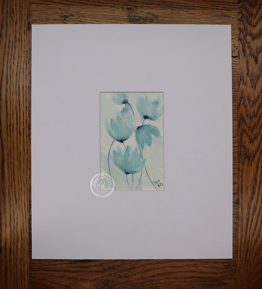 Watercolour painting of several stylised, blue-green flowers with thin stems against a light background