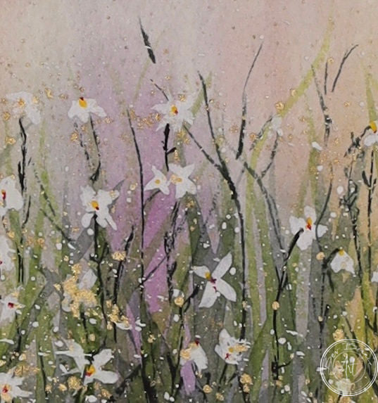 A watercolour painting of a field of wildflowers. The flowers are white with green stems and are set against a background of soft pinks and purples, creating a dreamy, pastel effect.