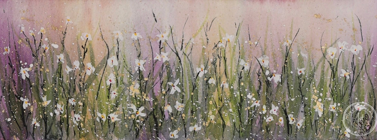 A watercolour painting of a field of wildflowers. The flowers are white with green stems and are set against a background of soft pinks and purples, creating a dreamy, pastel effect.
