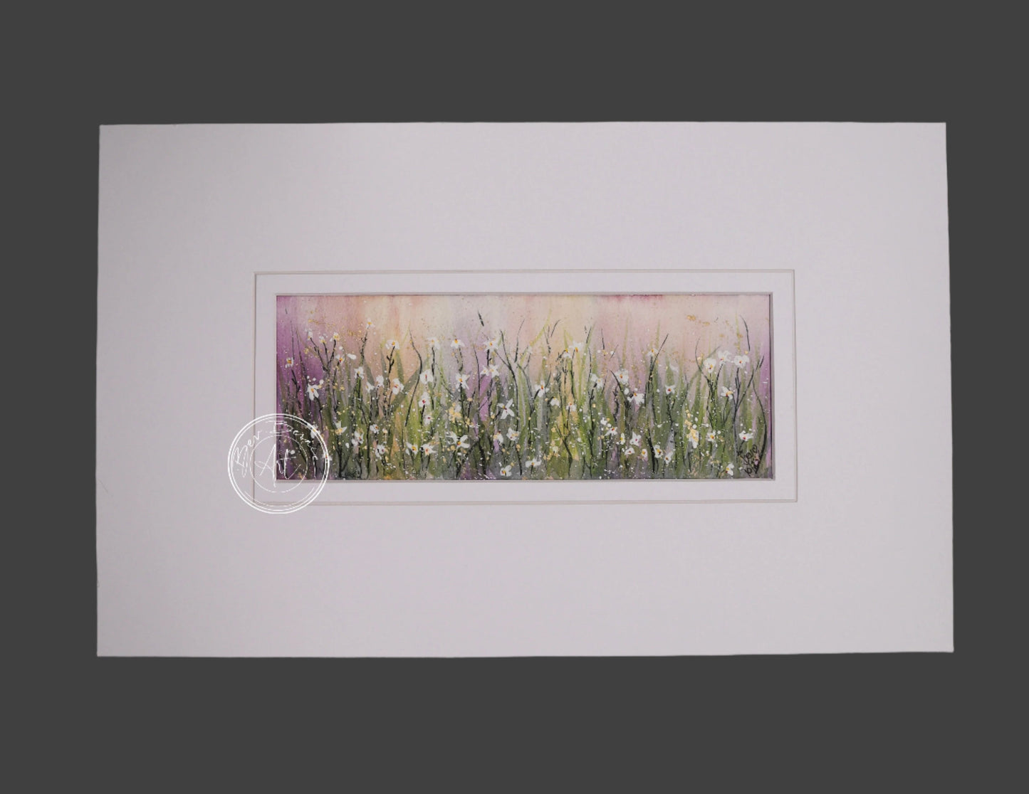 A watercolour painting of a field of wildflowers. The flowers are white with green stems and are set against a background of soft pinks and purples, creating a dreamy, pastel effect.