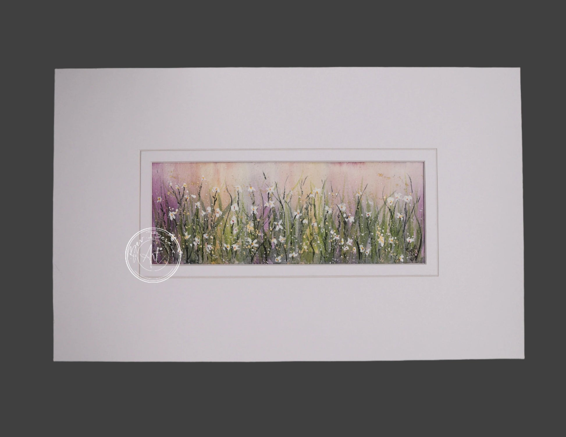 A watercolour painting of a field of wildflowers. The flowers are white with green stems and are set against a background of soft pinks and purples, creating a dreamy, pastel effect.
