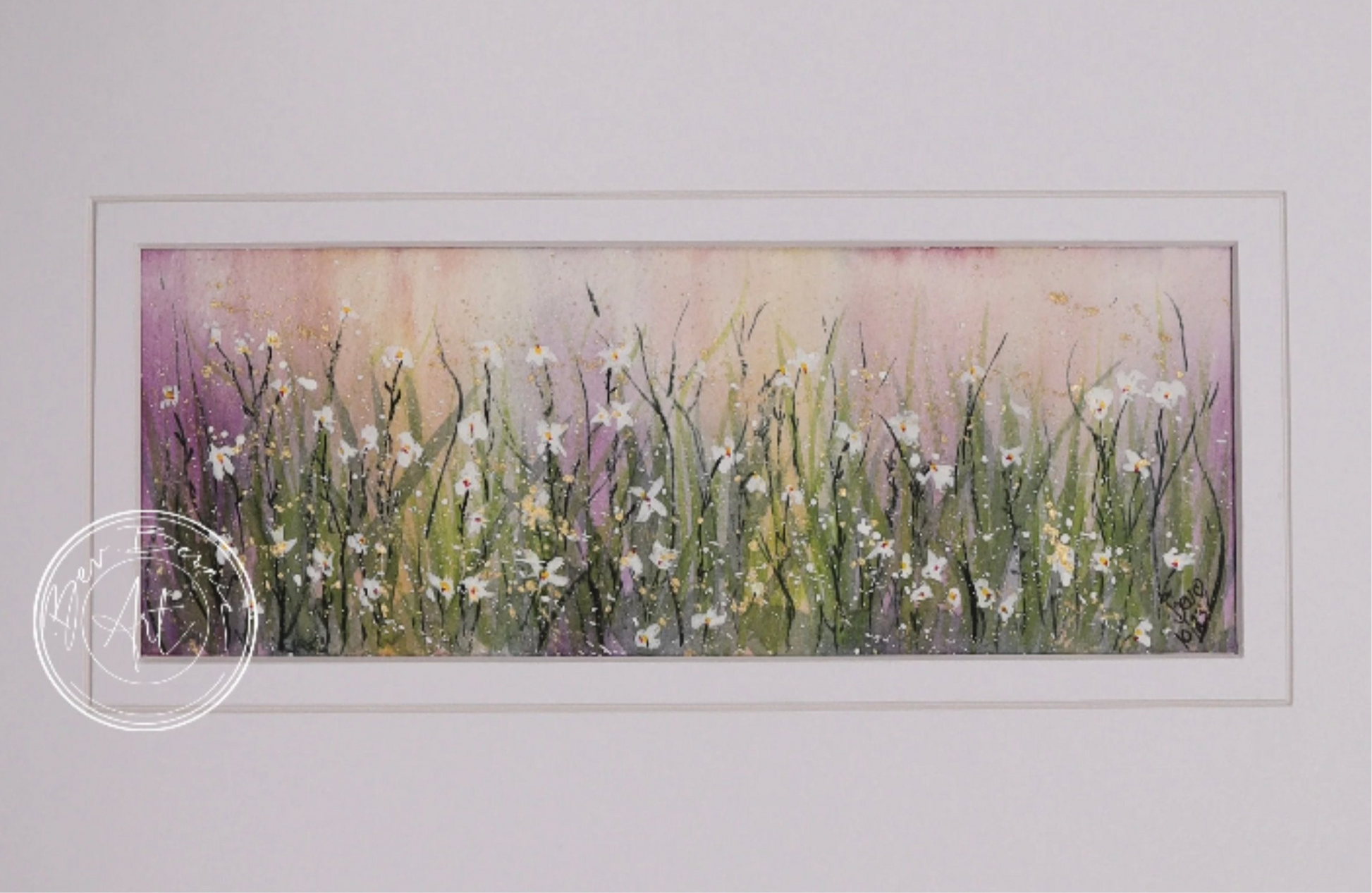 A watercolour painting of a field of wildflowers. The flowers are white with green stems and are set against a background of soft pinks and purples, creating a dreamy, pastel effect.