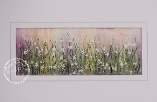 A watercolour painting of a field of wildflowers. The flowers are white with green stems and are set against a background of soft pinks and purples, creating a dreamy, pastel effect.