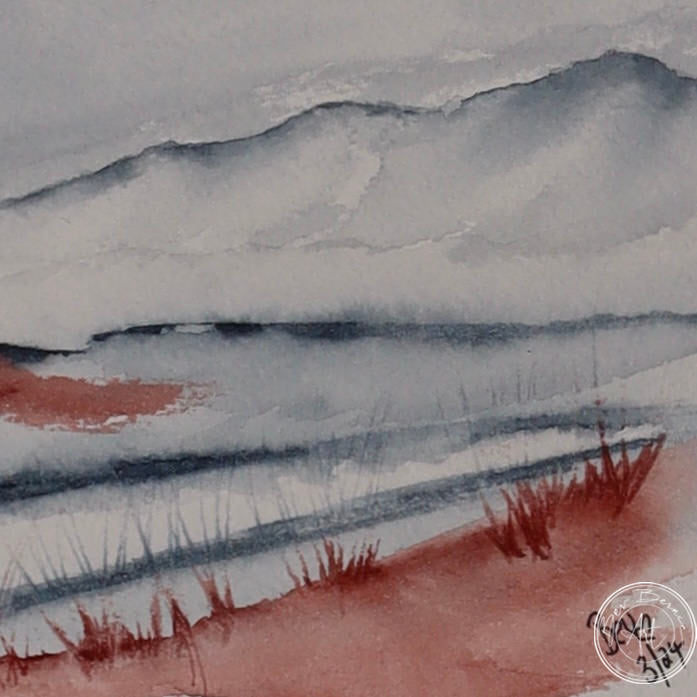 Watercolour painting in shades of blue and red. It appears to show a pale, misty sky over a reddish-brown ground with sparse tufts of grass and a hint of blue mountains in the distance.