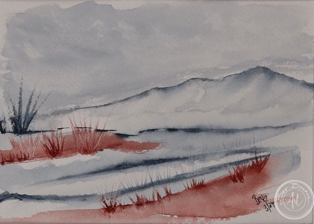 Watercolour painting in shades of blue and red. It appears to show a pale, misty sky over a reddish-brown ground with sparse tufts of grass and a hint of blue mountains in the distance.