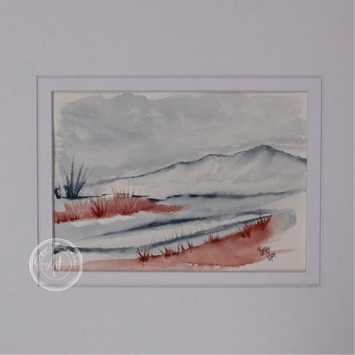 Watercolour painting in shades of blue and red. It appears to show a pale, misty sky over a reddish-brown ground with sparse tufts of grass and a hint of blue mountains in the distance.
