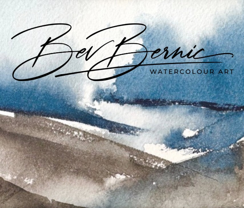 A gift card design featuring a serene blue and earthy abstract watercolour artwork by Bev Bernic Art.