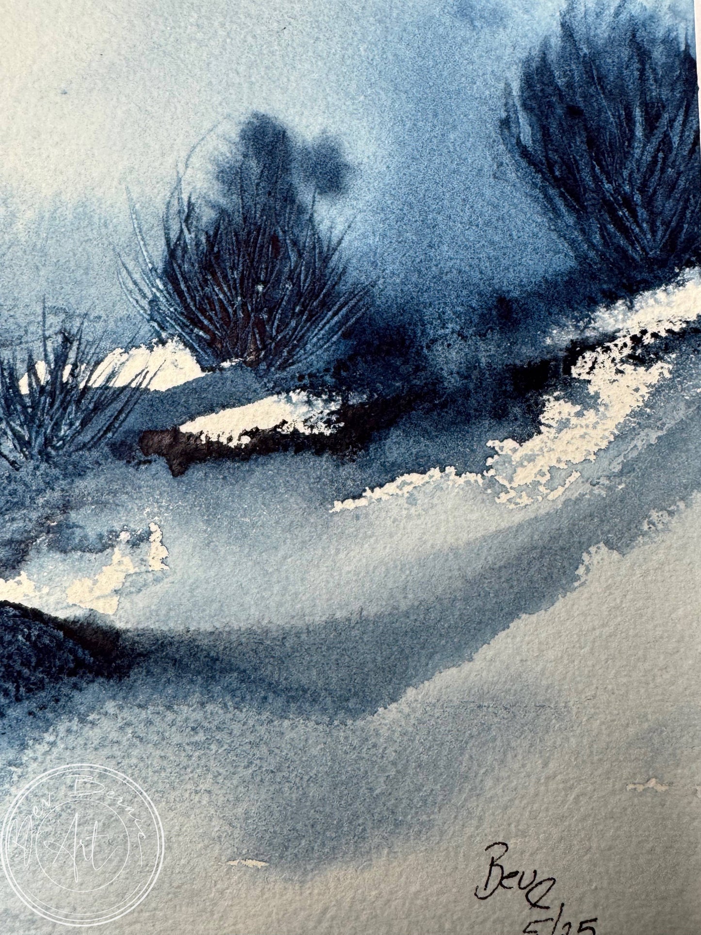 blue watercolour detail painting of bushes 