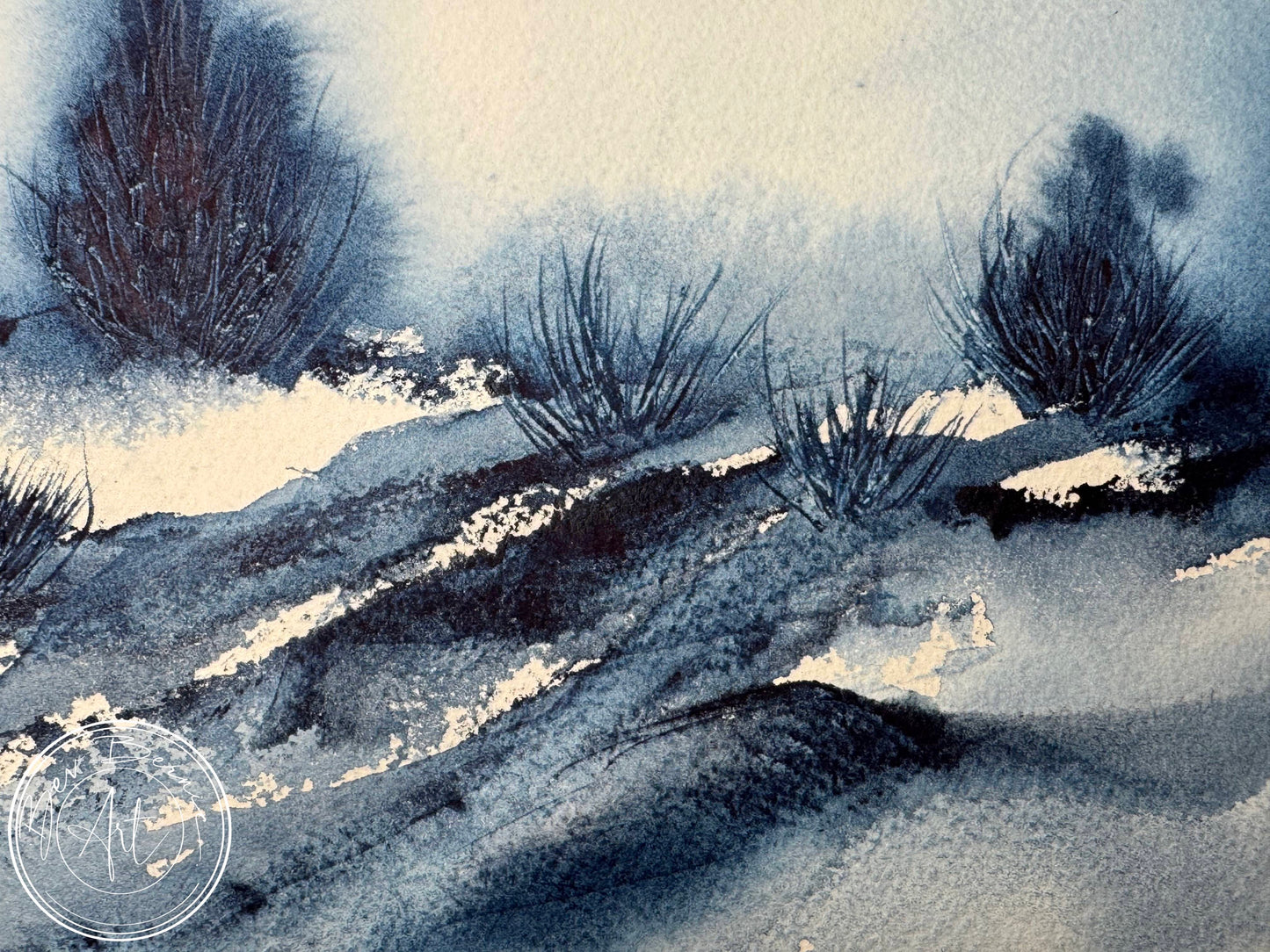zoomed in image of blue watercolour painting displaying bushes and texture
