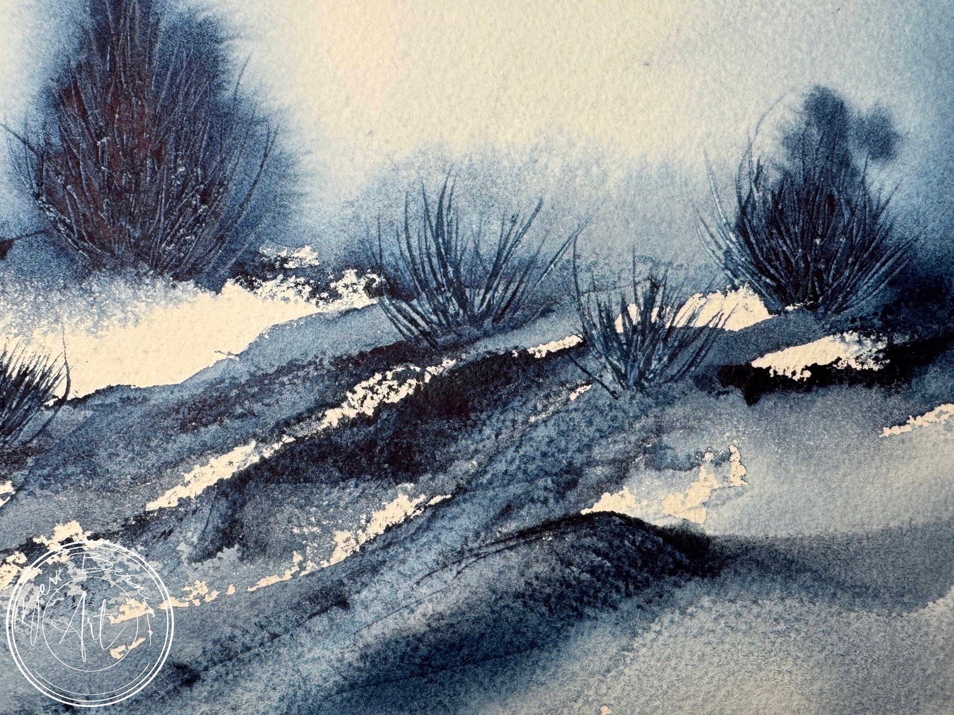 zoomed in image of blue watercolour painting displaying bushes and texture