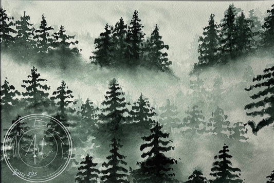 Black and white illustration of a forest with mist, featuring a logo in the corner.