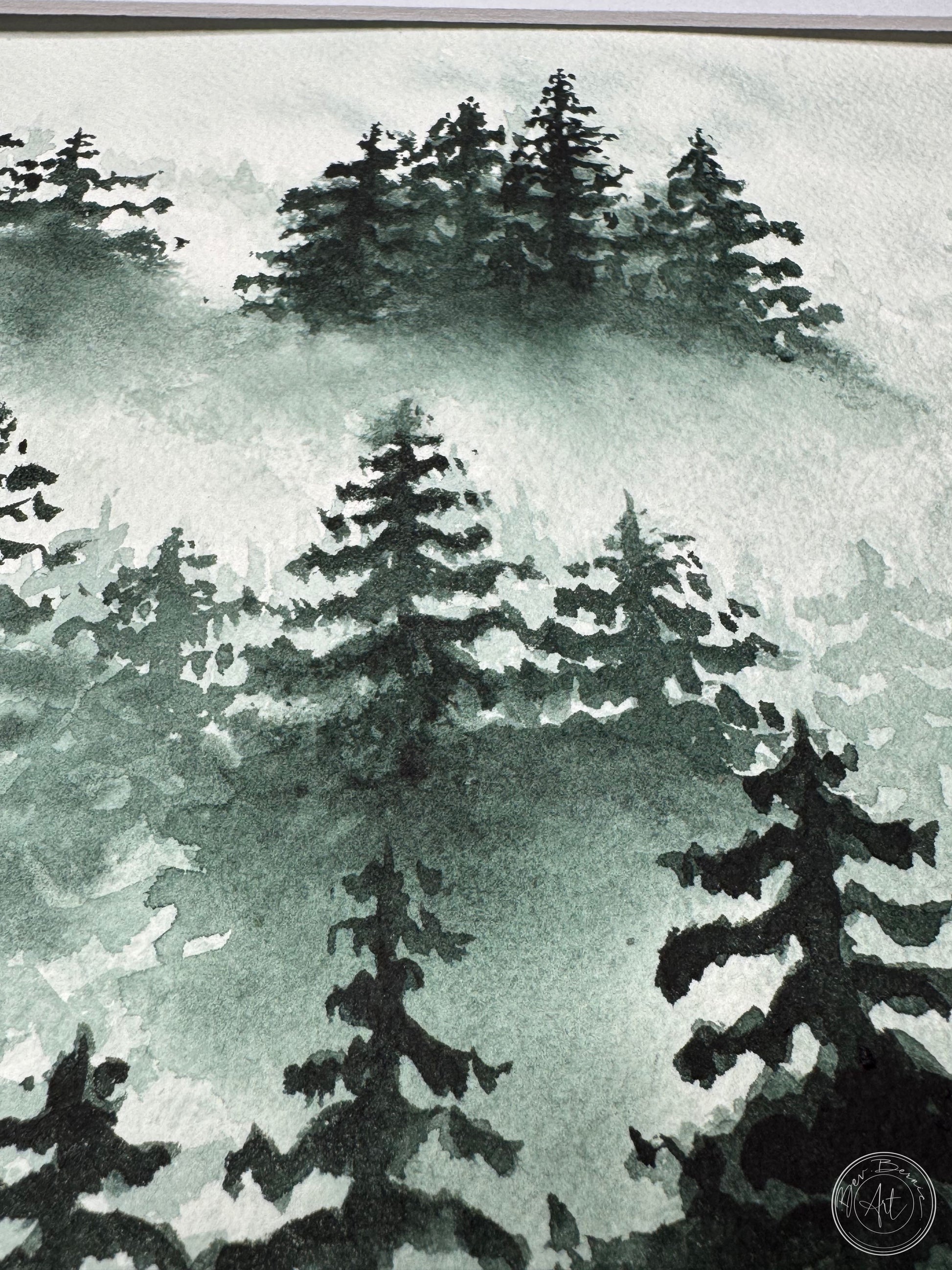 Watercolor painting of evergreen trees on a misty background