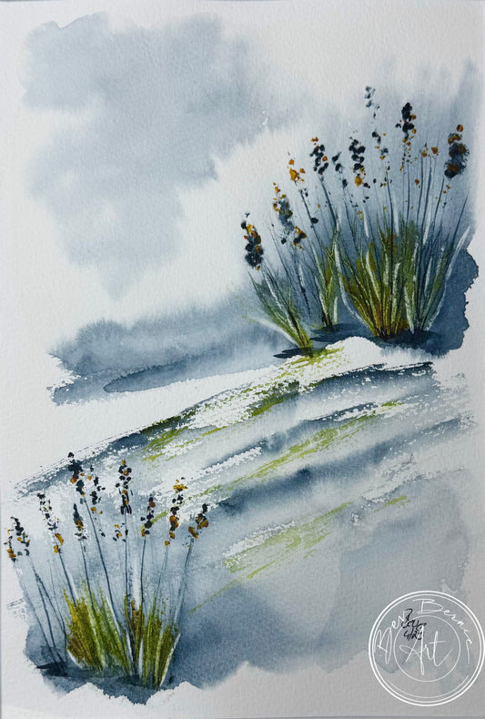 Watercolor painting of grasses on a textured surface with a signature in the corner.