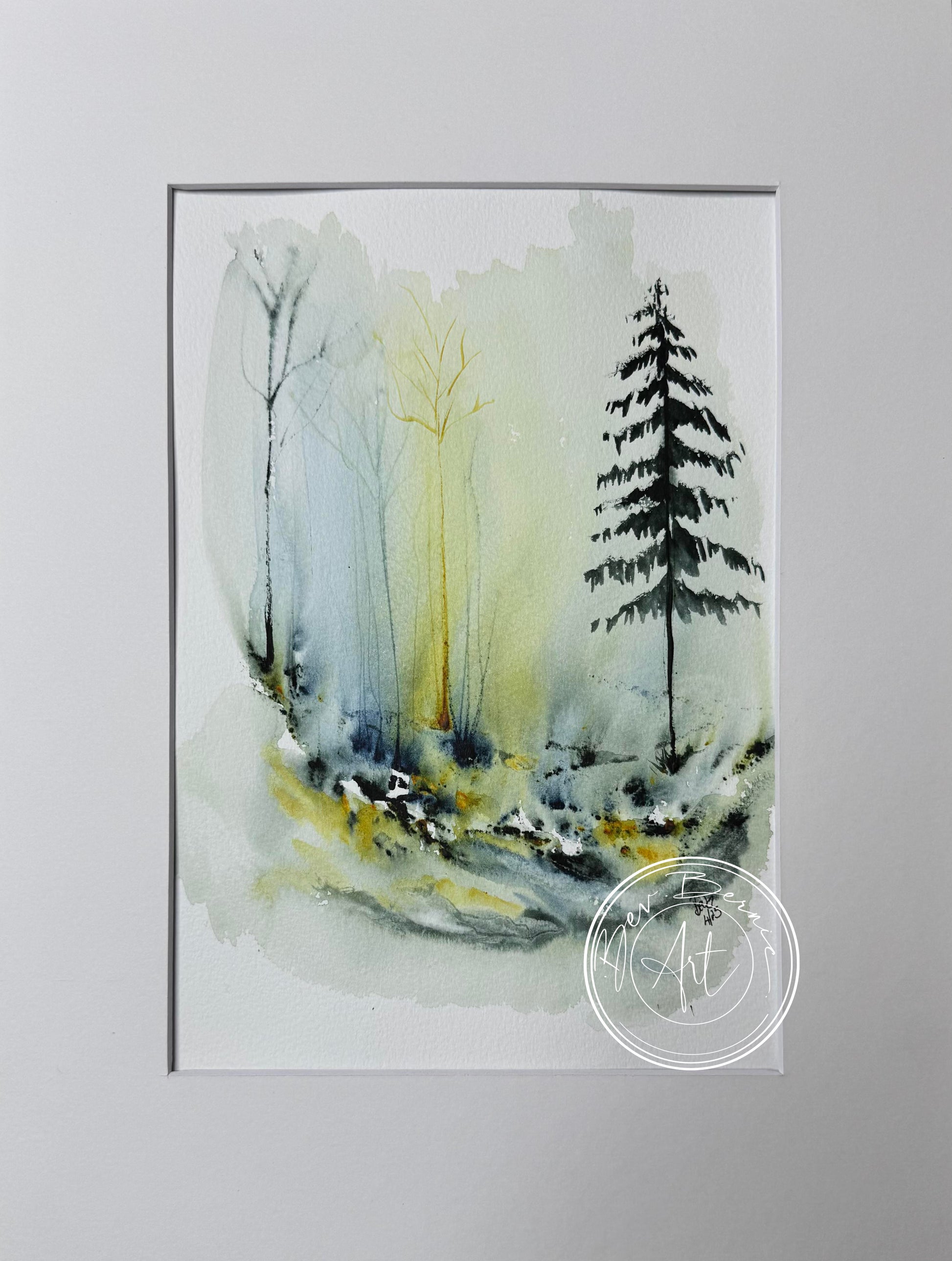 Artistic depiction of a forest scene with trees and animals on a gray background