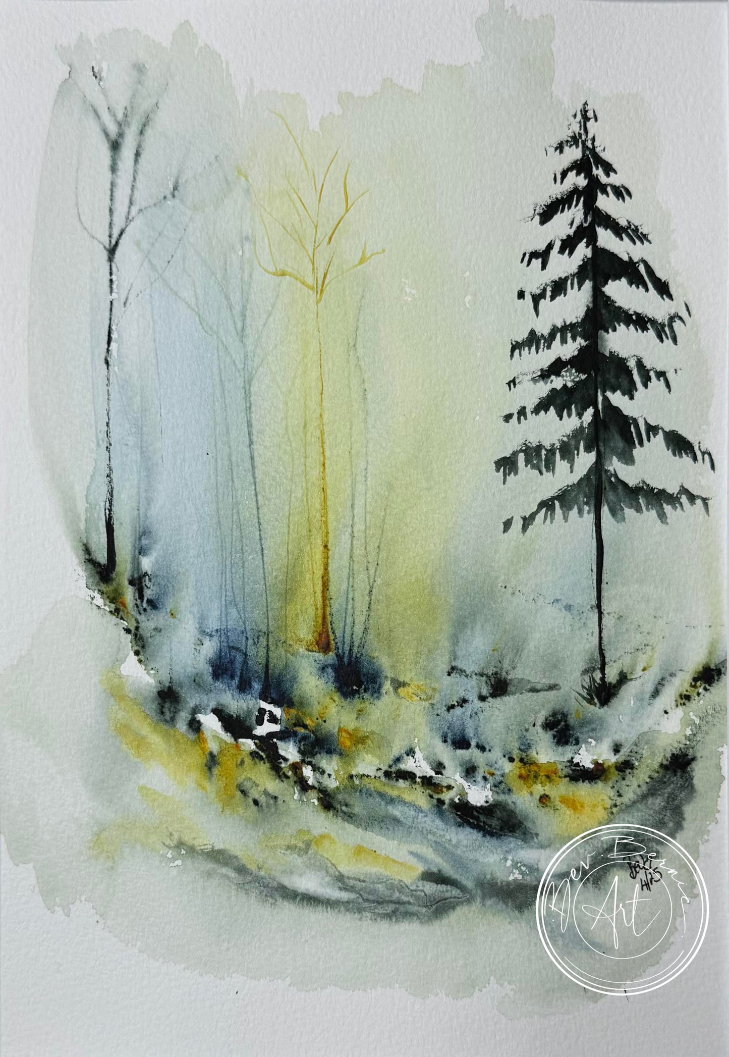 Watercolor painting of trees with a soft, blurred background