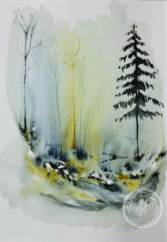 Watercolor painting of trees with a soft, blurred background