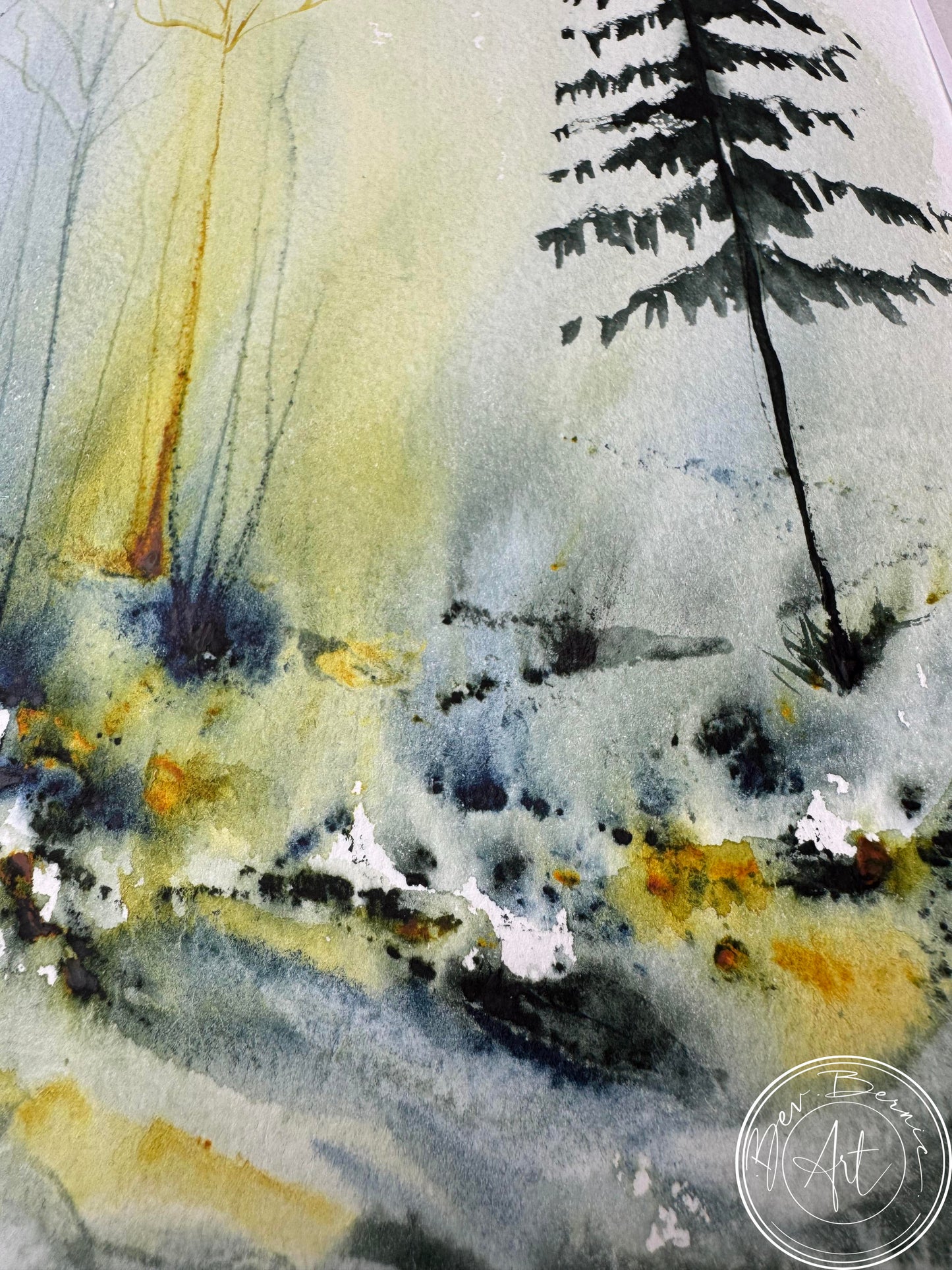 Abstract watercolor painting with yellow, black, and gray tones