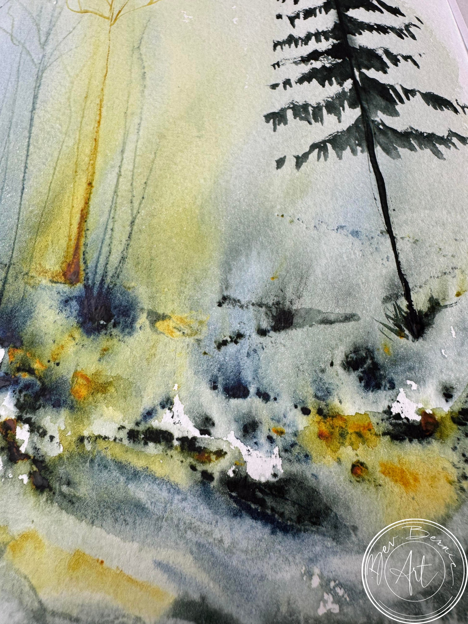 Abstract watercolor painting with yellow, black, and gray tones