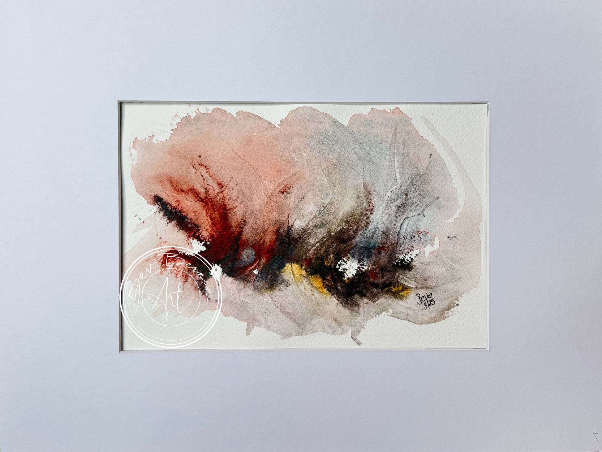 Abstract watercolor painting on a light gray background