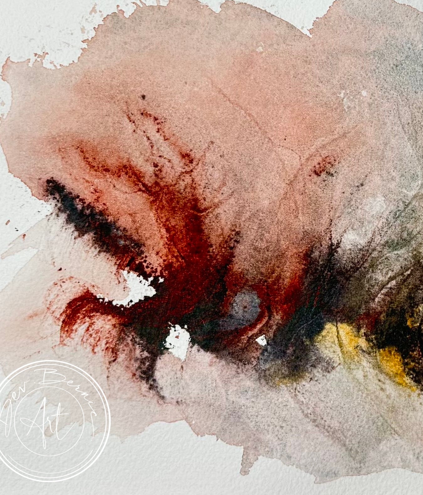 Abstract watercolor painting with brown, black, and yellow on a light background