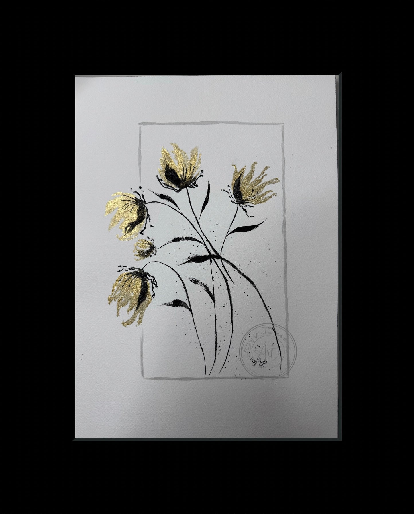 Framed artwork of stylized flowers on a white background
