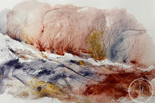 Abstract watercolor painting with earthy tones and a signature in the corner.
