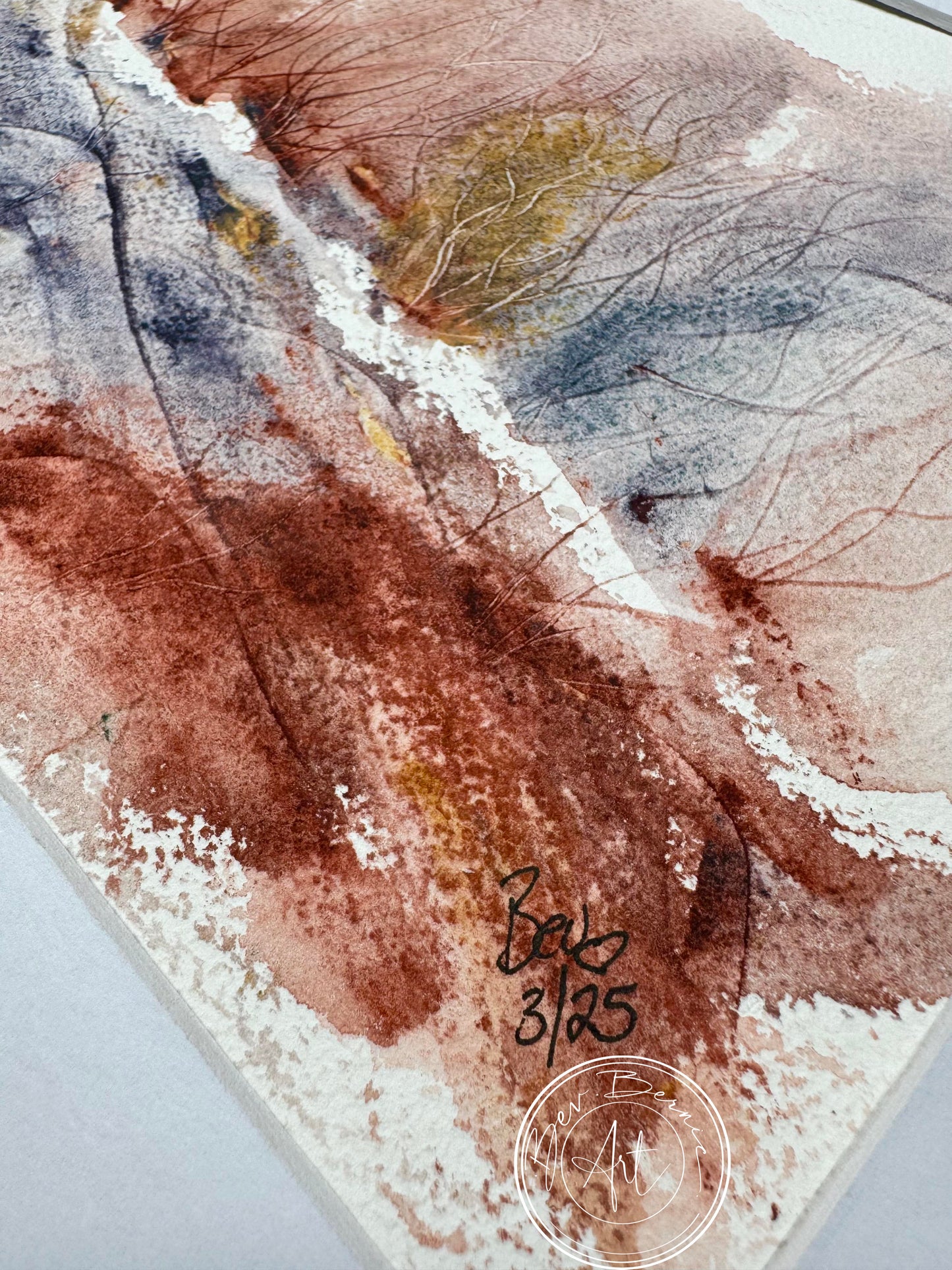 Abstract art piece with watercolor textures and a signature in the corner.