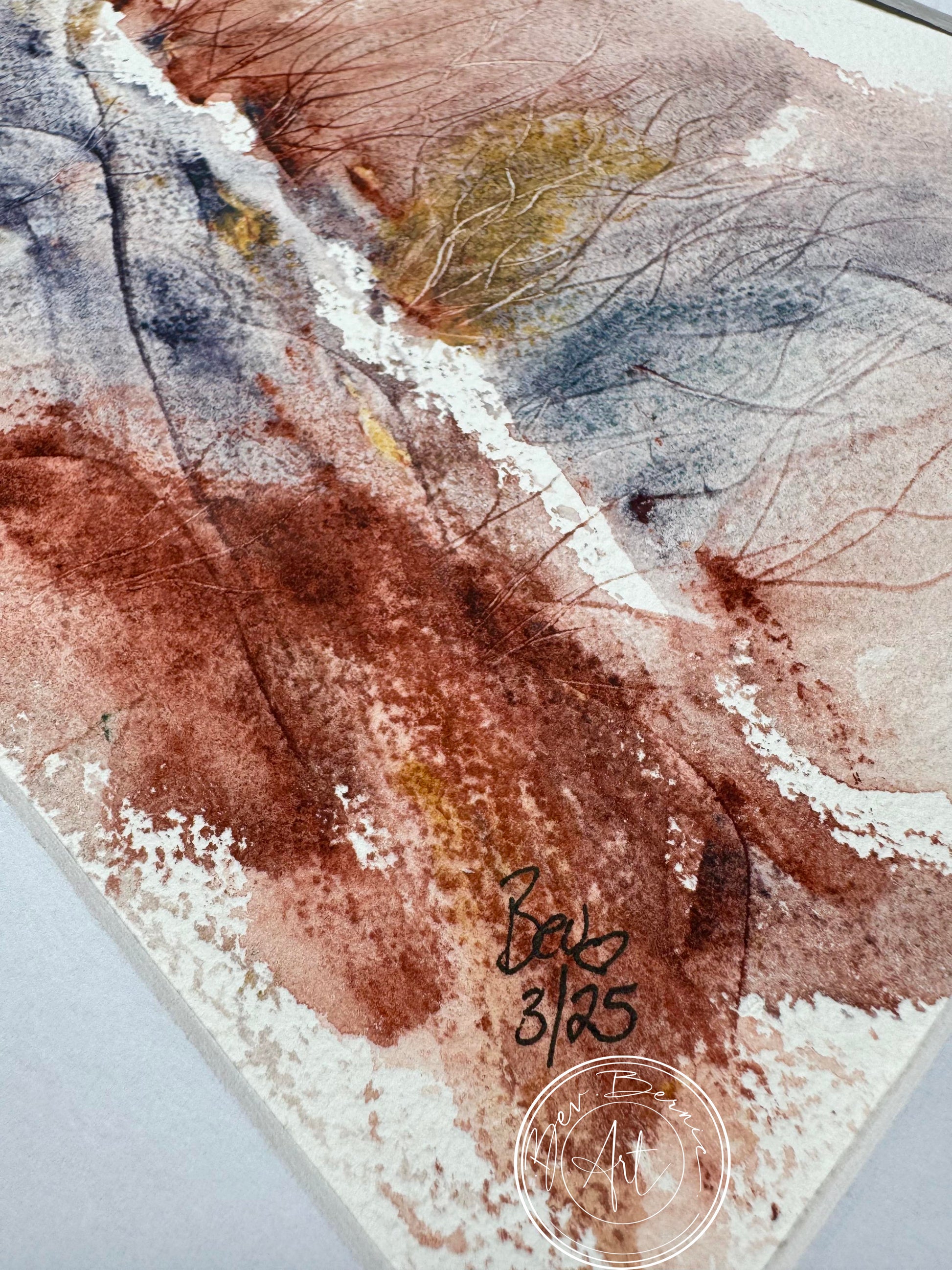 Abstract art piece with watercolor textures and a signature in the corner.