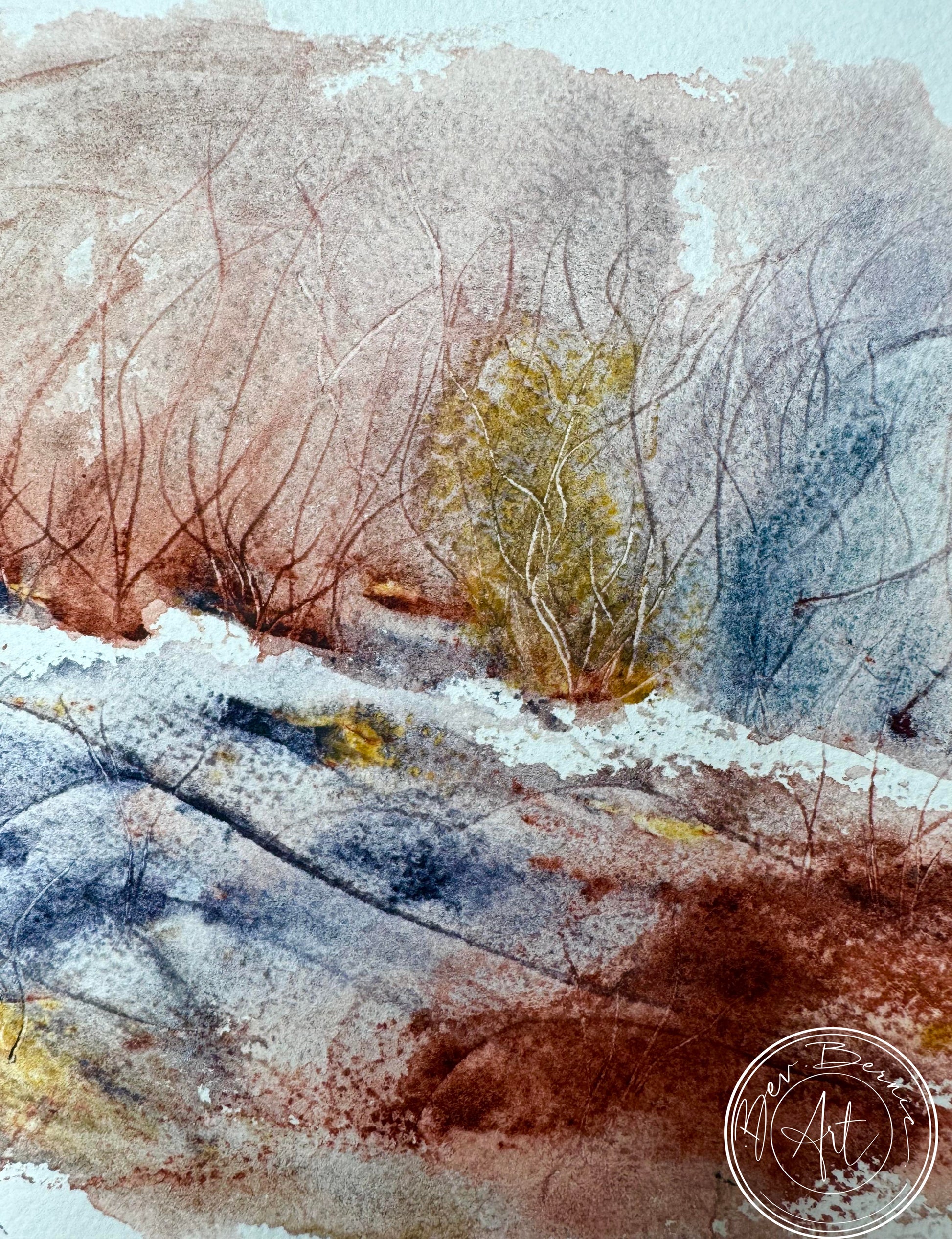 Artistic depiction of a snowy landscape with bare trees and a watercolor texture.
