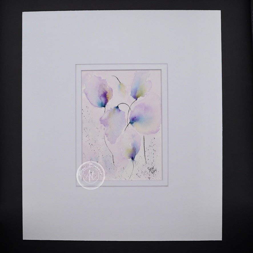 Main view of Lavender’s Dream No. 3, an abstract watercolour painting featuring soft lavender, blue, and yellow floral tones, mounted in a white mat.