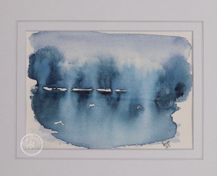 Close-up view of Reflections in Blue, highlighting the abstract water reflections and soft brushwork.
