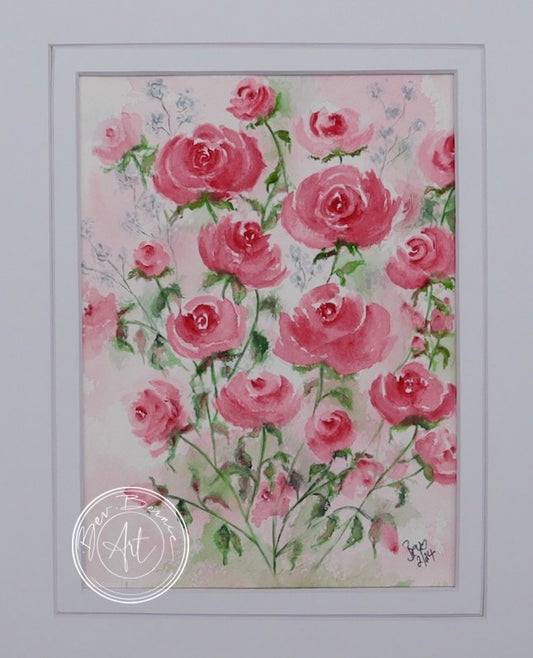 Close-up view of Rose Serenade, highlighting the intricate details of the watercolour pink roses.