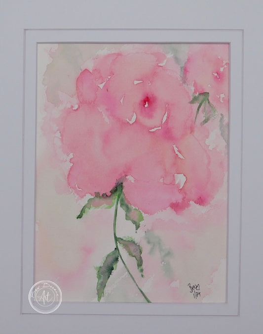 Close-up view of Soft Bloom, highlighting the gentle watercolour brushwork on the pink flower and green leaves.
