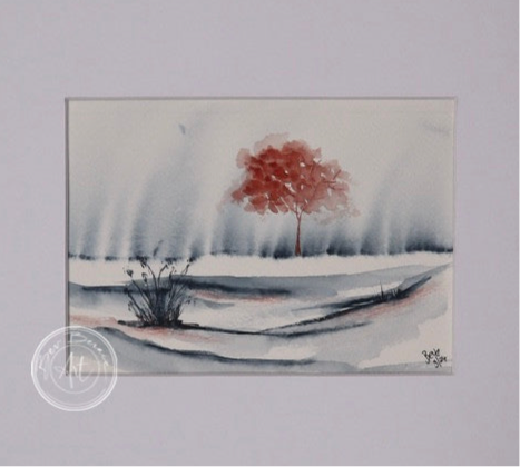 Watercolour painting of a single red tree in a sparse landscape with tall grasses and a hazy grey sky.