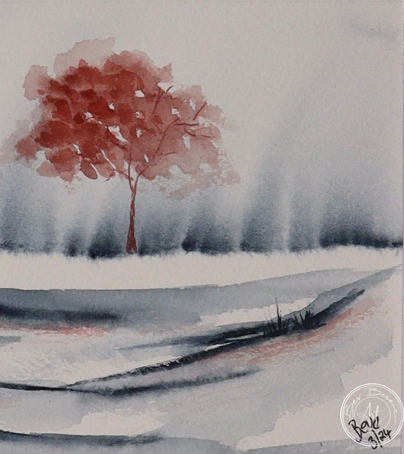 A watercolor painting of a single tree with a vibrant red canopy. The tree stands in a hazy, grey landscape, possibly suggesting fog or mist, with a hint of a stream or path in the foreground.