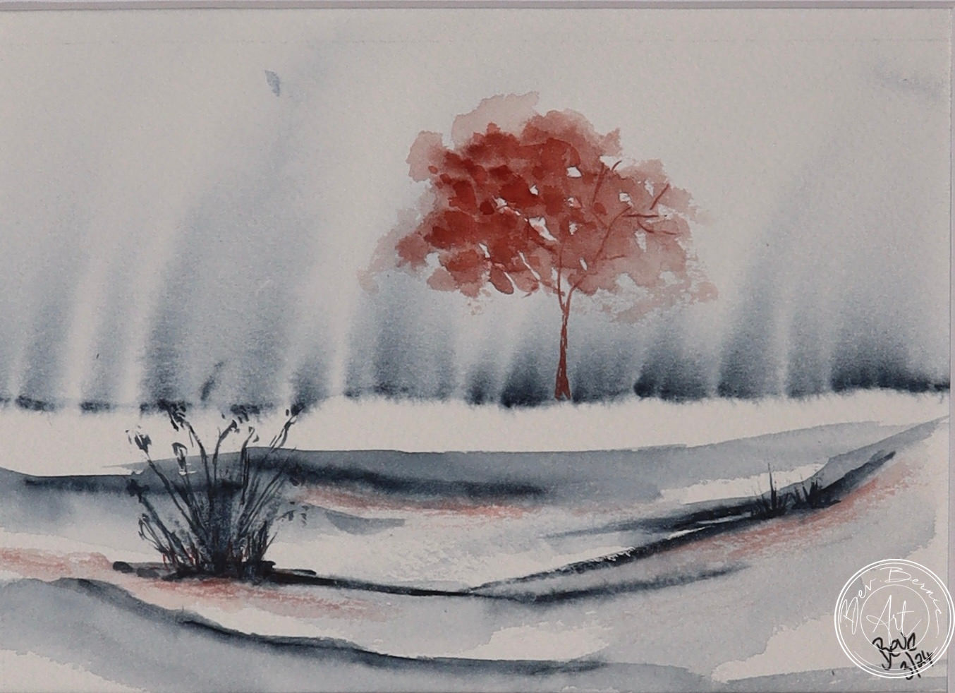 Watercolour painting of a single red tree in a sparse landscape with tall grasses and a hazy grey sky.