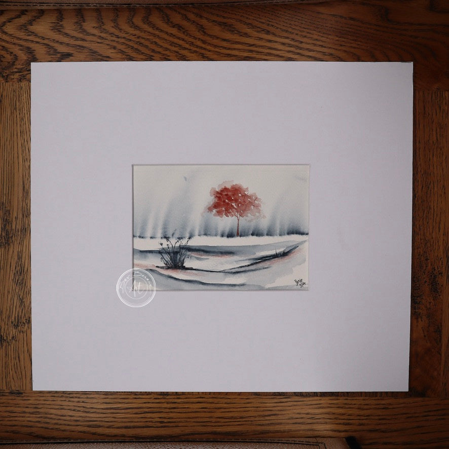Watercolour painting of a single red tree in a sparse landscape with tall grasses and a hazy grey sky.