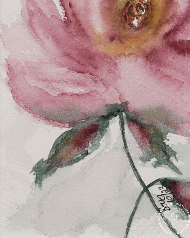 Watercolour painting of a single pink flower with a golden centre, green leaves, and a delicate stem against a light grey background.