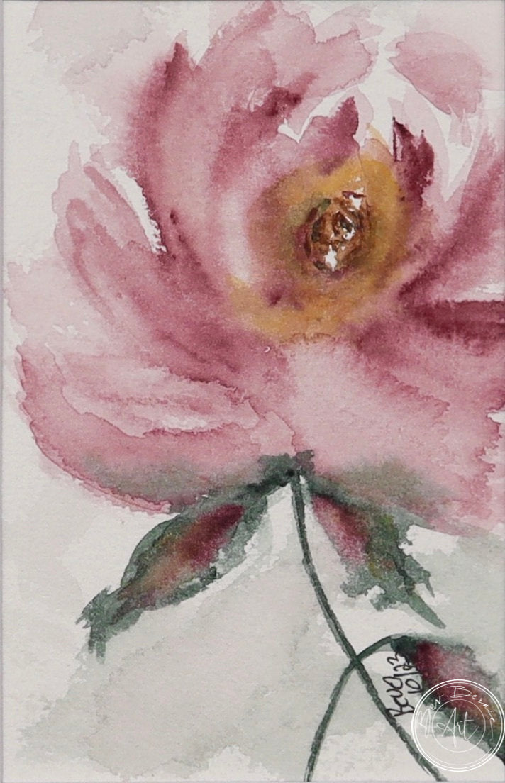 Watercolour painting of a single pink flower with a golden centre, green leaves, and a delicate stem against a light grey background.