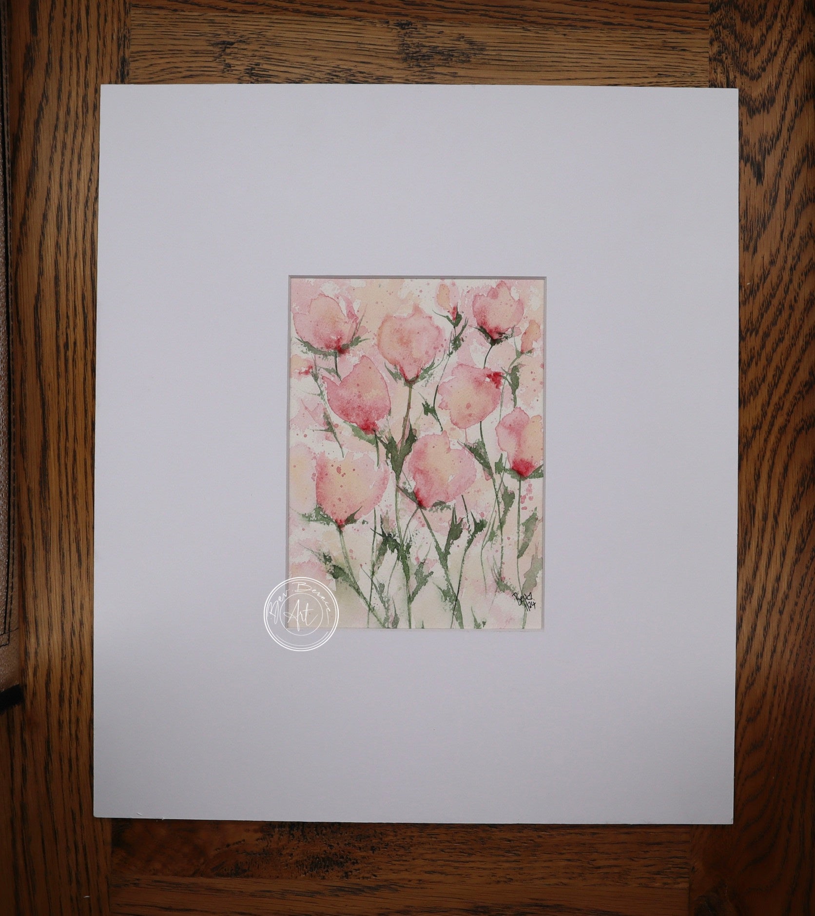 Watercolour painting of several pink flowers with delicate green stems against a pale pink and white 
