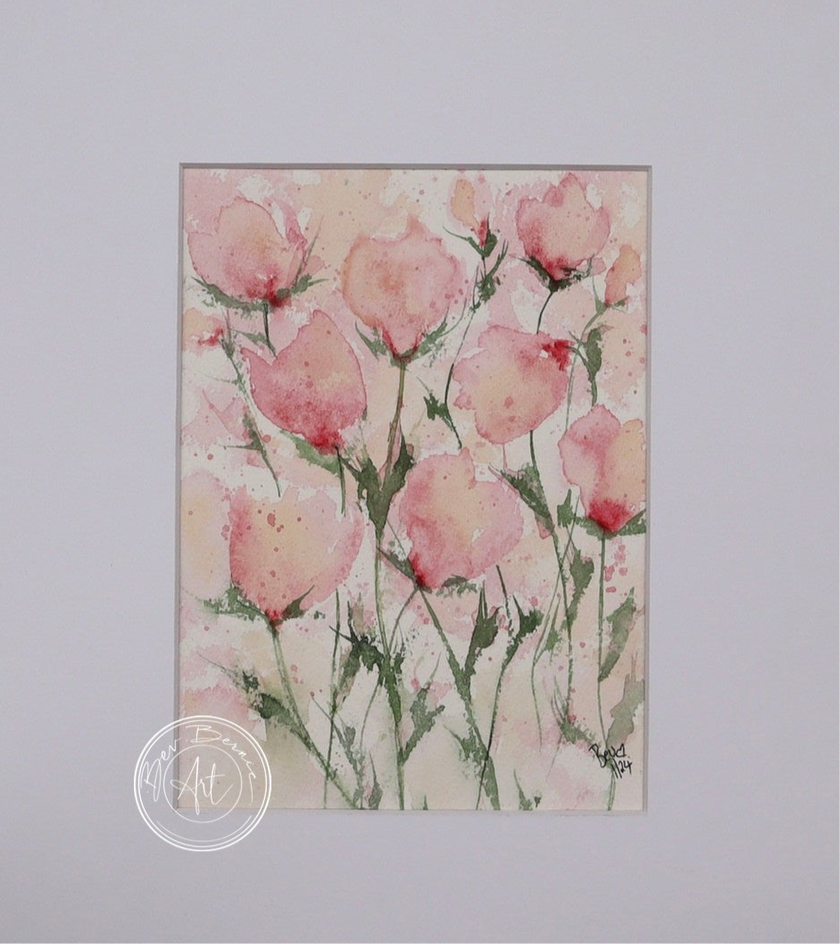 Watercolour painting of several pink flowers with delicate green stems against a pale pink and white background.