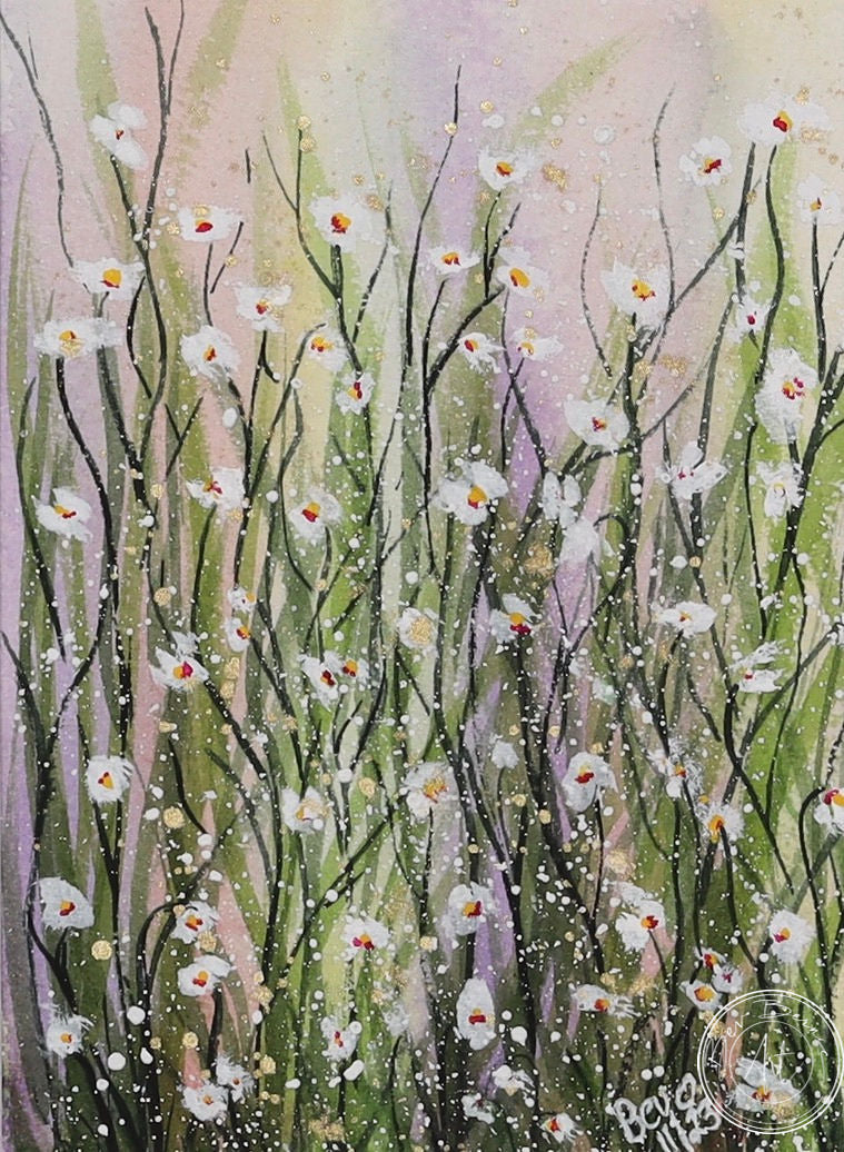 Painting of a field of white wildflowers with long stems, scattered amongst green grasses, with a soft, light background.
