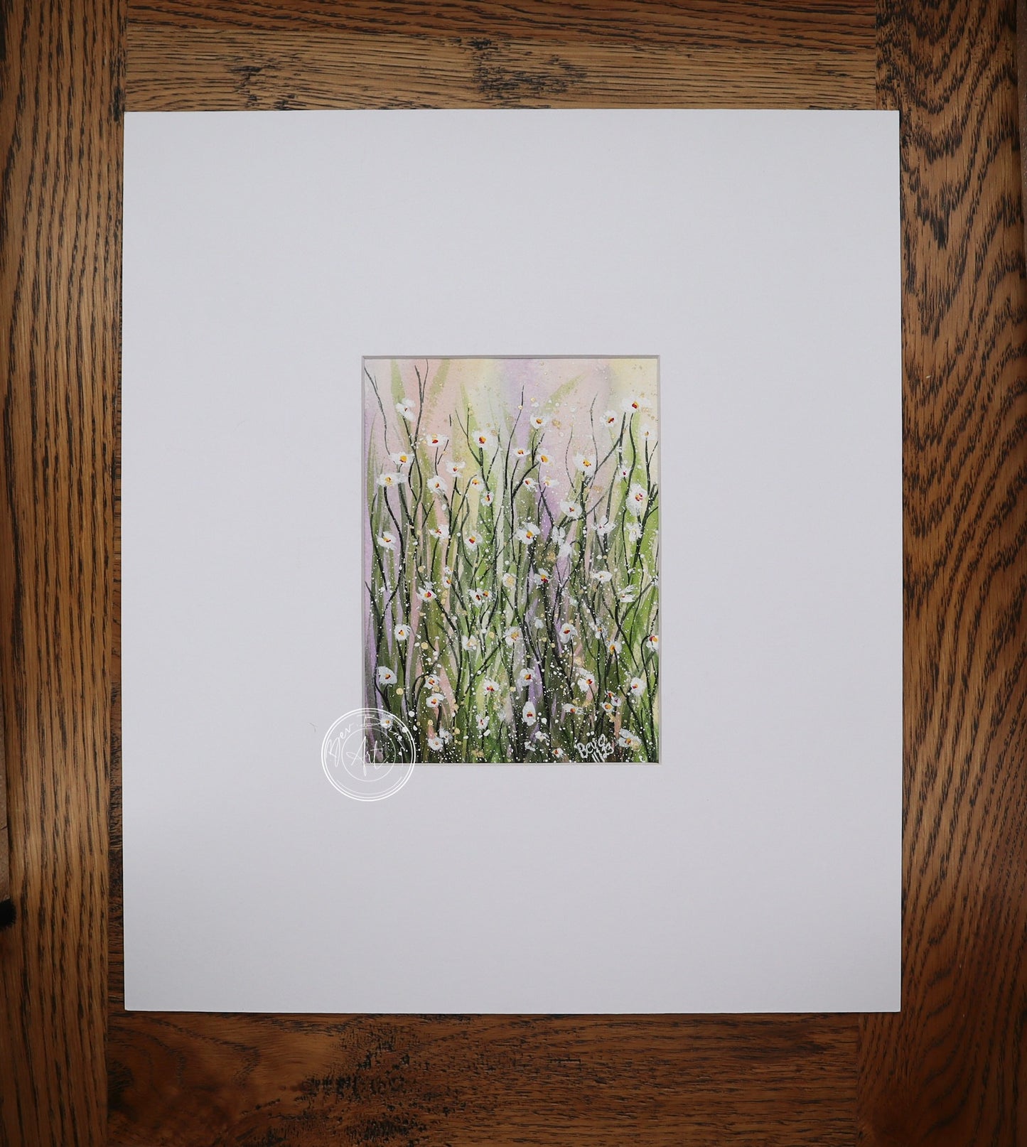 Painting of a field of white wildflowers with long stems, scattered amongst green grasses, with a soft, light background.
