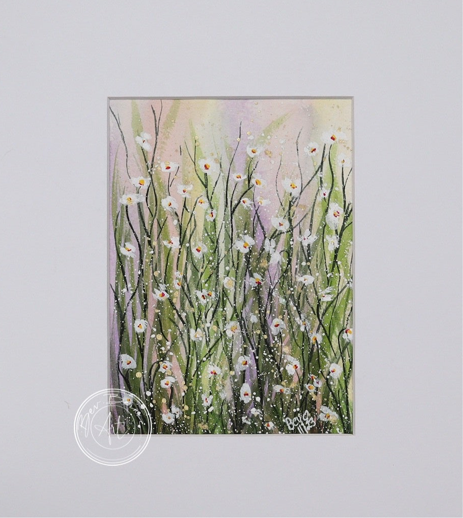 Painting of a field of white wildflowers with long stems, scattered amongst green grasses, with a soft, light background.